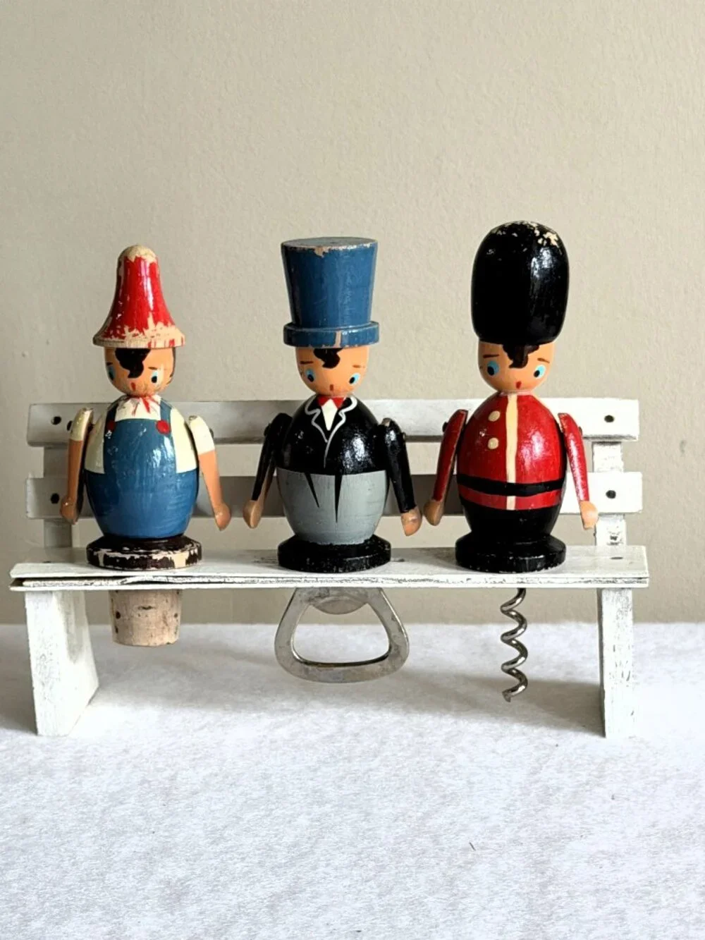Vintage Wooden Figural Bar Tool Set Bench Corkscrew Bottle Opener folk Art